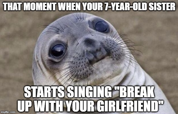 Just one of many examples | THAT MOMENT WHEN YOUR 7-YEAR-OLD SISTER; STARTS SINGING "BREAK UP WITH YOUR GIRLFRIEND" | image tagged in memes,awkward moment sealion | made w/ Imgflip meme maker