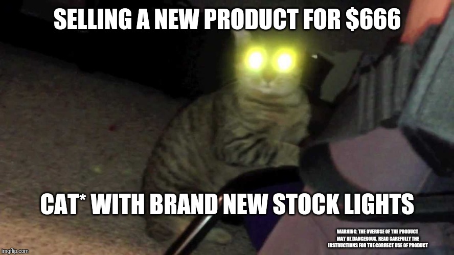 Cat* for SALE (33.4% DISCOUNT) | SELLING A NEW PRODUCT FOR $666; CAT* WITH BRAND NEW STOCK LIGHTS; WARNING: THE OVERUSE OF THE PRODUCT MAY BE DANGEROUS. READ CAREFULLY THE INSTRUCTIONS FOR THE CORRECT USE OF PRODUCT | image tagged in cats,light,danger,dangerous,warning,products | made w/ Imgflip meme maker