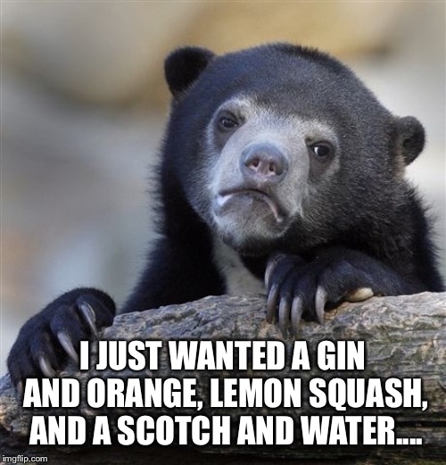 Confession Bear Meme | I JUST WANTED A GIN AND ORANGE, LEMON SQUASH, AND A SCOTCH AND WATER.... | image tagged in memes,confession bear | made w/ Imgflip meme maker