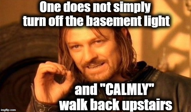 This is a repost!  Thanks, ShawnLJohnson | One does not simply turn off the basement light; and "CALMLY" walk back upstairs | image tagged in memes,one does not simply | made w/ Imgflip meme maker