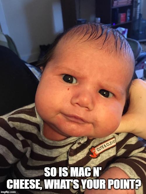 Cynical Baby | SO IS MAC N' CHEESE, WHAT'S YOUR POINT? | image tagged in cynical baby | made w/ Imgflip meme maker