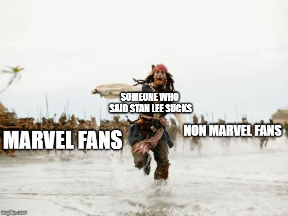 Jack Sparrow Being Chased | SOMEONE WHO SAID STAN LEE SUCKS; NON MARVEL FANS; MARVEL FANS | image tagged in memes,jack sparrow being chased | made w/ Imgflip meme maker