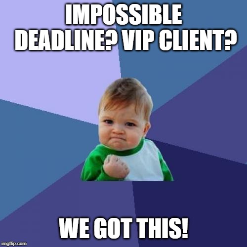 Success Kid Meme | IMPOSSIBLE DEADLINE? VIP CLIENT? WE GOT THIS! | image tagged in memes,success kid | made w/ Imgflip meme maker