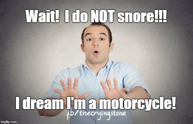 Wait!  I do NOT snore!!! I dream I'm a motorcycle! | image tagged in snoring,motorcycle | made w/ Imgflip meme maker