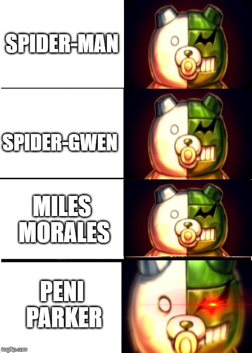 Monodam | SPIDER-MAN; SPIDER-GWEN; MILES MORALES; PENI PARKER | image tagged in memes,expanding brain | made w/ Imgflip meme maker