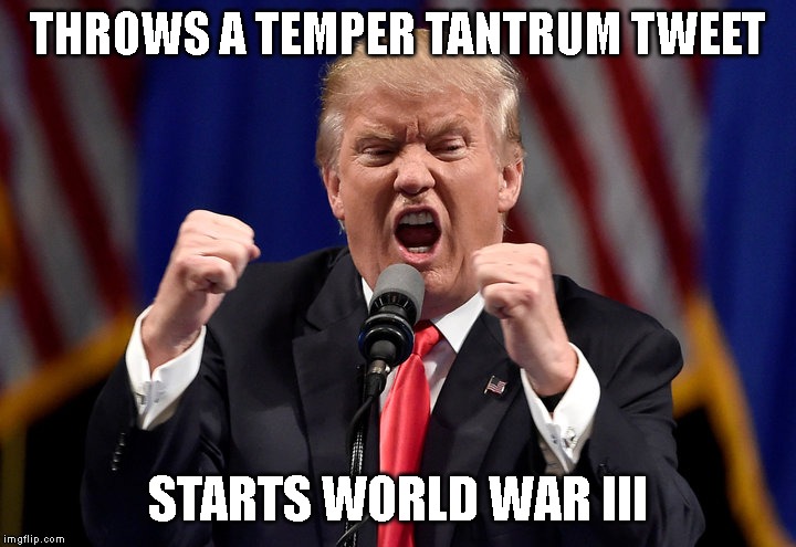 This Lunatic is Out of Control | THROWS A TEMPER TANTRUM TWEET; STARTS WORLD WAR III | image tagged in world war iii,donald trump is an idiot,impeach trump,iran | made w/ Imgflip meme maker