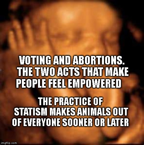 Aborted Son | VOTING AND ABORTIONS. THE TWO ACTS THAT MAKE PEOPLE FEEL EMPOWERED; THE PRACTICE OF STATISM MAKES ANIMALS OUT OF EVERYONE SOONER OR LATER | image tagged in aborted son | made w/ Imgflip meme maker