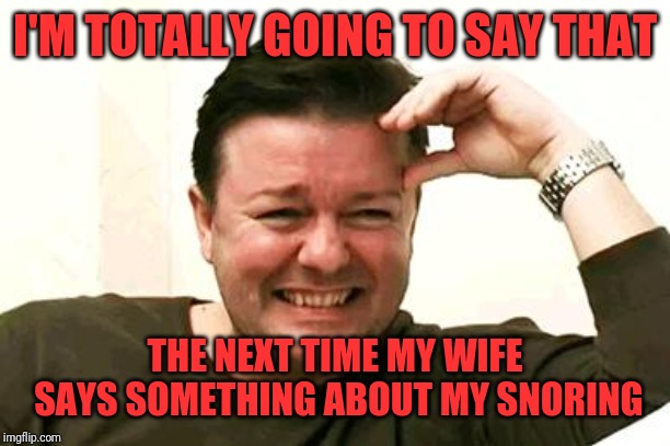 Laughing Ricky Gervais | I'M TOTALLY GOING TO SAY THAT THE NEXT TIME MY WIFE SAYS SOMETHING ABOUT MY SNORING | image tagged in laughing ricky gervais | made w/ Imgflip meme maker