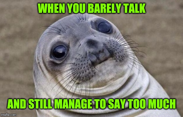 Awkward Moment Sealion | WHEN YOU BARELY TALK; AND STILL MANAGE TO SAY TOO MUCH | image tagged in memes,awkward moment sealion | made w/ Imgflip meme maker