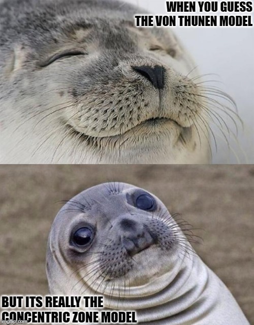 VEry SDa | WHEN YOU GUESS THE VON THUNEN MODEL; BUT ITS REALLY THE CONCENTRIC ZONE MODEL | image tagged in memes,short satisfaction vs truth | made w/ Imgflip meme maker