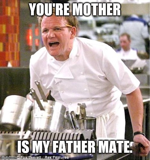 Chef Gordon Ramsay Meme | YOU'RE MOTHER; IS MY FATHER MATE. | image tagged in memes,chef gordon ramsay | made w/ Imgflip meme maker