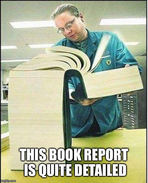 big book | THIS BOOK REPORT IS QUITE DETAILED | image tagged in big book | made w/ Imgflip meme maker