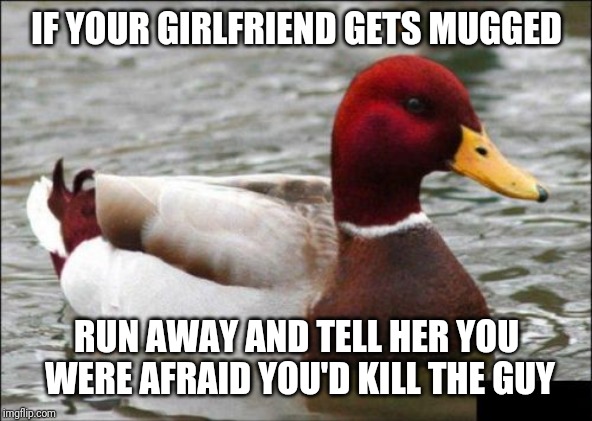 Malicious Advice Mallard Meme | IF YOUR GIRLFRIEND GETS MUGGED; RUN AWAY AND TELL HER YOU WERE AFRAID YOU'D KILL THE GUY | image tagged in memes,malicious advice mallard | made w/ Imgflip meme maker