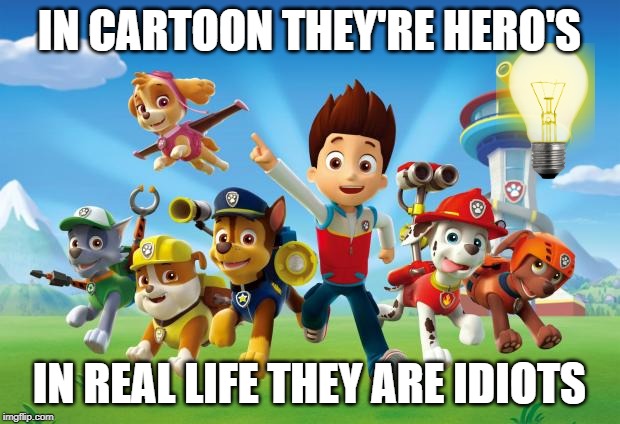 Paw Patrol  | IN CARTOON THEY'RE HERO'S; IN REAL LIFE THEY ARE IDIOTS | image tagged in paw patrol | made w/ Imgflip meme maker