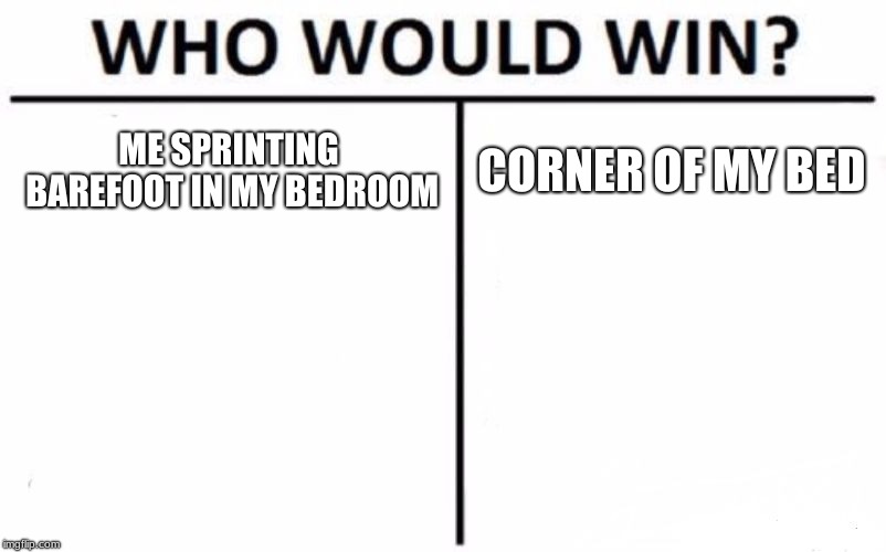 Who Would Win? | ME SPRINTING BAREFOOT IN MY BEDROOM; CORNER OF MY BED | image tagged in memes,who would win | made w/ Imgflip meme maker