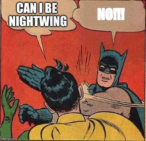 Batman Slapping Robin | CAN I BE NIGHTWING; NO!!! | image tagged in memes,batman slapping robin | made w/ Imgflip meme maker