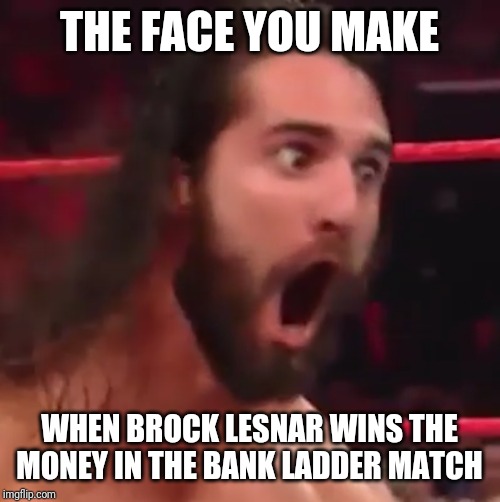 Money in the bank 2019 meme | THE FACE YOU MAKE; WHEN BROCK LESNAR WINS THE MONEY IN THE BANK LADDER MATCH | image tagged in memes,wwe,brock lesnar,seth rollins,funny | made w/ Imgflip meme maker