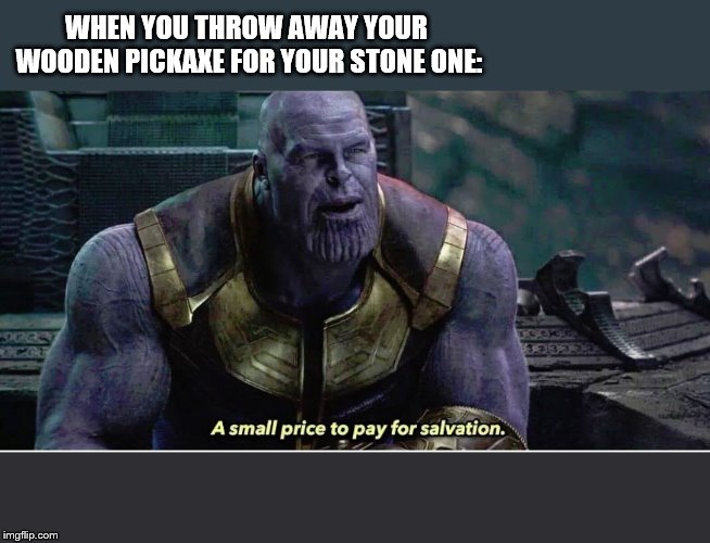 A small price to pay for salvation | WHEN YOU THROW AWAY YOUR WOODEN PICKAXE FOR YOUR STONE ONE: | image tagged in a small price to pay for salvation | made w/ Imgflip meme maker