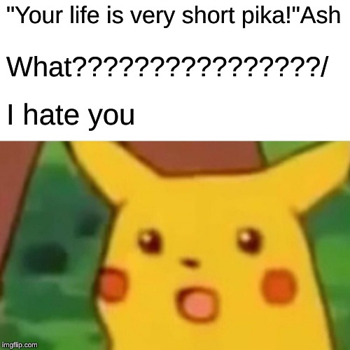 Surprised Pikachu | "Your life is very short pika!"Ash; What????????????????/; I hate you | image tagged in memes,surprised pikachu | made w/ Imgflip meme maker