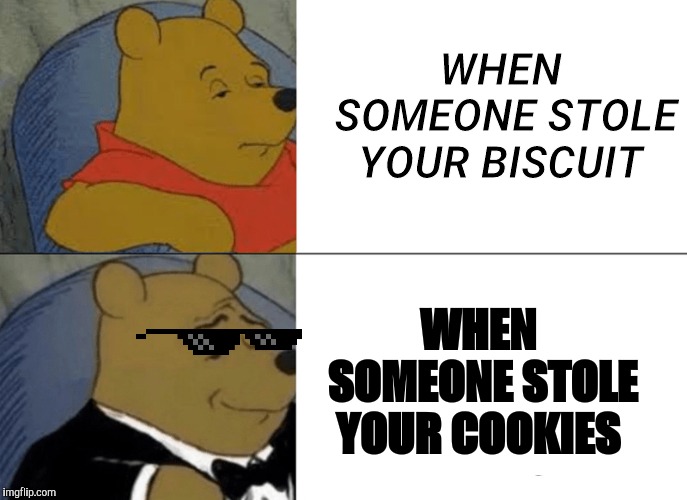 Tuxedo Winnie The Pooh | WHEN SOMEONE STOLE YOUR BISCUIT; WHEN SOMEONE STOLE YOUR COOKIES | image tagged in memes,tuxedo winnie the pooh | made w/ Imgflip meme maker