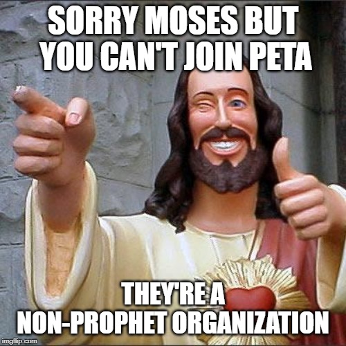 Buddy Christ Meme | SORRY MOSES BUT YOU CAN'T JOIN PETA; THEY'RE A NON-PROPHET ORGANIZATION | image tagged in memes,buddy christ | made w/ Imgflip meme maker