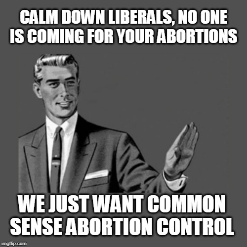 Calm down liberals... | CALM DOWN LIBERALS, NO ONE IS COMING FOR YOUR ABORTIONS; WE JUST WANT COMMON SENSE ABORTION CONTROL | image tagged in calm down,common sense,abortion,gun control,abortion ban,memes | made w/ Imgflip meme maker