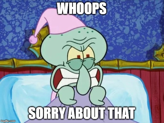 Squidward angry | WHOOPS SORRY ABOUT THAT | image tagged in squidward angry | made w/ Imgflip meme maker