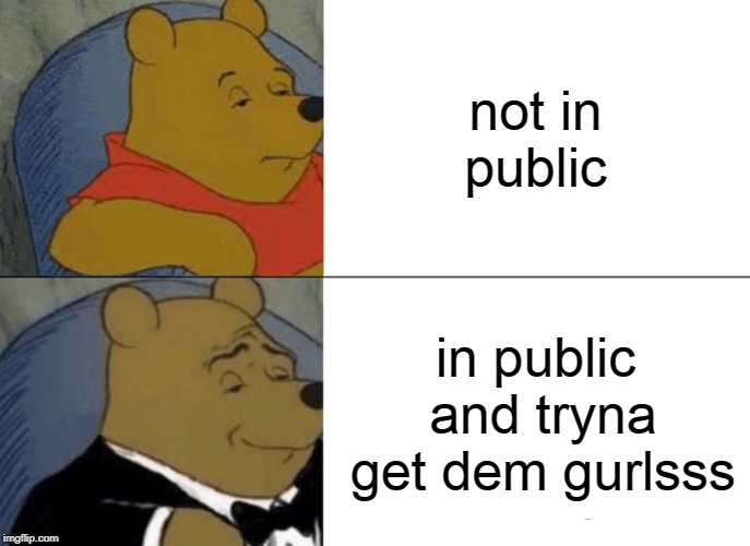Tuxedo Winnie The Pooh | not in public; in public and tryna get dem gurlsss | image tagged in memes,tuxedo winnie the pooh | made w/ Imgflip meme maker