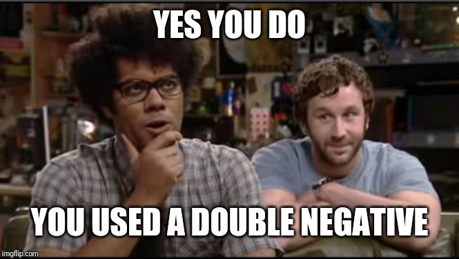 Moss and Roy It crowd | YES YOU DO YOU USED A DOUBLE NEGATIVE | image tagged in moss and roy it crowd | made w/ Imgflip meme maker