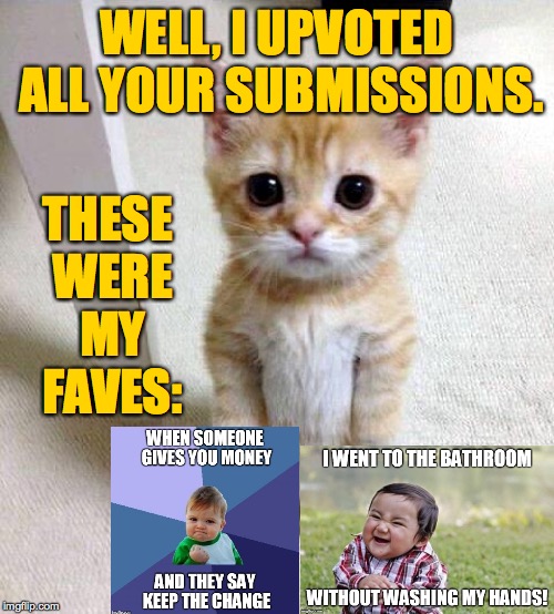 Cute Cat Meme | WELL, I UPVOTED ALL YOUR SUBMISSIONS. THESE WERE MY FAVES: | image tagged in memes,cute cat | made w/ Imgflip meme maker