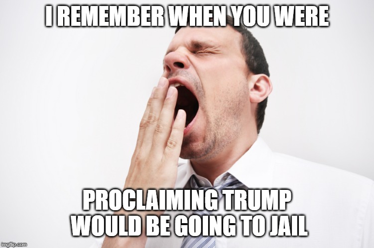 yawn | I REMEMBER WHEN YOU WERE PROCLAIMING TRUMP WOULD BE GOING TO JAIL | image tagged in yawn | made w/ Imgflip meme maker