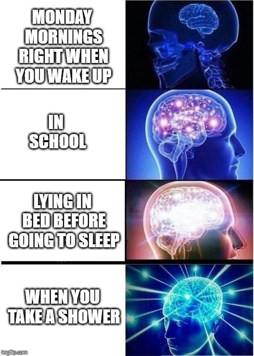 Amount of Brainpower | MONDAY MORNINGS RIGHT WHEN YOU WAKE UP; IN SCHOOL; LYING IN BED BEFORE GOING TO SLEEP; WHEN YOU TAKE A SHOWER | image tagged in memes,expanding brain,brain memes,fortnite | made w/ Imgflip meme maker