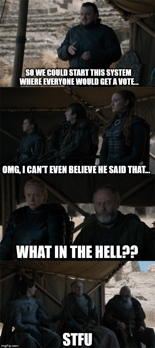 GoT STFU | SO WE COULD START THIS SYSTEM WHERE EVERYONE WOULD GET A VOTE... OMG, I CAN'T EVEN BELIEVE HE SAID THAT... WHAT IN THE HELL?? STFU | image tagged in got stfu | made w/ Imgflip meme maker