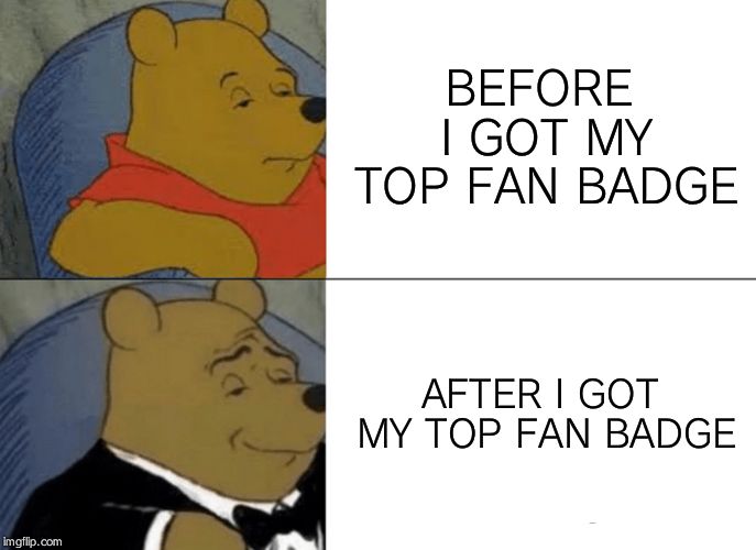 Tuxedo Winnie The Pooh Meme | BEFORE I GOT MY TOP FAN BADGE; AFTER I GOT MY TOP FAN BADGE | image tagged in memes,tuxedo winnie the pooh | made w/ Imgflip meme maker