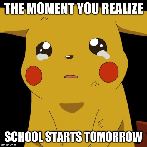 Pikachu crying | THE MOMENT YOU REALIZE; SCHOOL STARTS TOMORROW | image tagged in pikachu crying | made w/ Imgflip meme maker