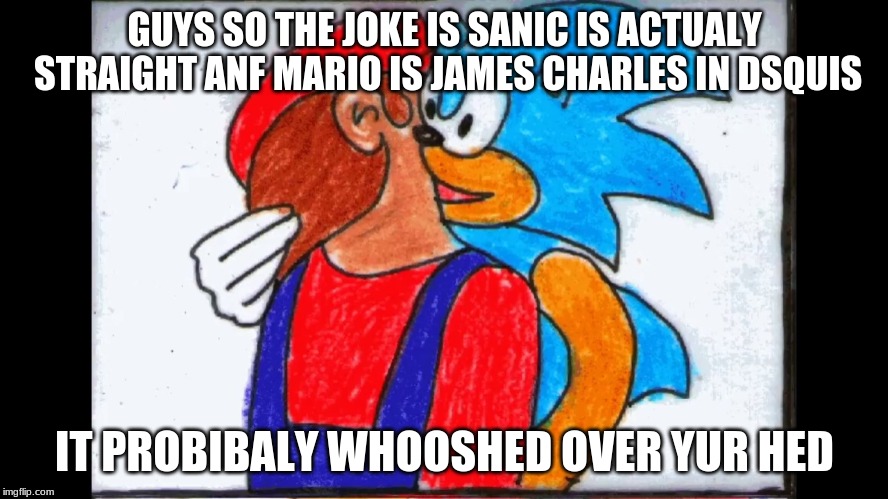 GUYS SO THE JOKE IS SANIC IS ACTUALY STRAIGHT ANF MARIO IS JAMES CHARLES IN DSQUIS; IT PROBIBALY WHOOSHED OVER YUR HED | image tagged in epic fail | made w/ Imgflip meme maker