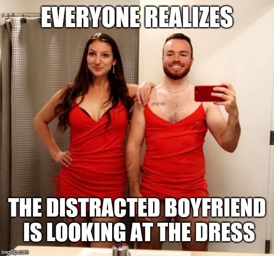 The girl in the red dress | EVERYONE REALIZES; THE DISTRACTED BOYFRIEND IS LOOKING AT THE DRESS | image tagged in the girl in the red dress | made w/ Imgflip meme maker