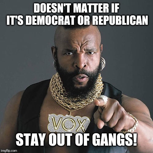 Mr T Pity The Fool | DOESN'T MATTER IF IT'S DEMOCRAT OR REPUBLICAN; STAY OUT OF GANGS! | image tagged in memes,mr t pity the fool | made w/ Imgflip meme maker