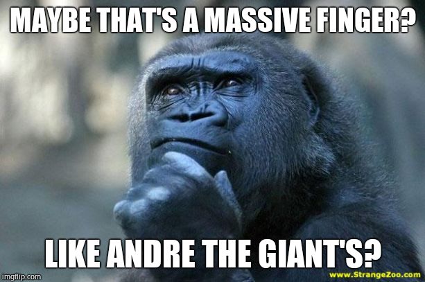 Deep Thoughts | MAYBE THAT'S A MASSIVE FINGER? LIKE ANDRE THE GIANT'S? | image tagged in deep thoughts | made w/ Imgflip meme maker