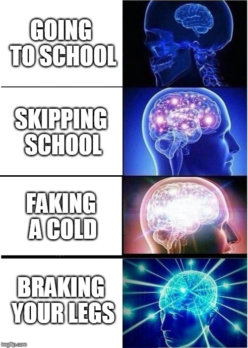 To or not to school? | GOING TO SCHOOL; SKIPPING SCHOOL; FAKING A COLD; BRAKING YOUR LEGS | image tagged in memes,expanding brain | made w/ Imgflip meme maker