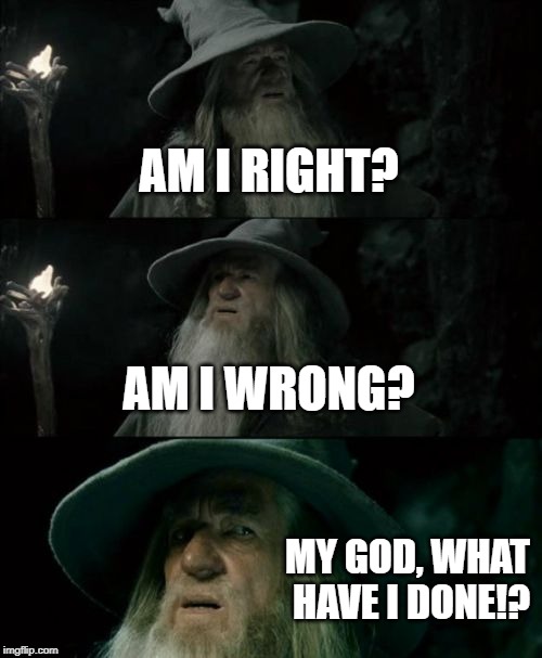 You may ask yourself... | AM I RIGHT? AM I WRONG? MY GOD, WHAT HAVE I DONE!? | image tagged in memes,confused gandalf,talking heads,once in a lifetime | made w/ Imgflip meme maker