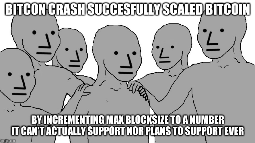 NPC Wojack | BITCON CRASH SUCCESFULLY SCALED BITCOIN; BY INCREMENTING MAX BLOCKSIZE TO A NUMBER IT CAN'T ACTUALLY SUPPORT NOR PLANS TO SUPPORT EVER | image tagged in npc wojack | made w/ Imgflip meme maker