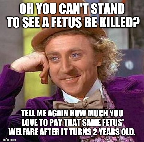 Reminds me of some PETA idiots who forget some animals use each other's babies as LIVE chew toys yet think humans are mean. | OH YOU CAN'T STAND TO SEE A FETUS BE KILLED? TELL ME AGAIN HOW MUCH YOU LOVE TO PAY THAT SAME FETUS' WELFARE AFTER IT TURNS 2 YEARS OLD. | image tagged in memes,creepy condescending wonka | made w/ Imgflip meme maker