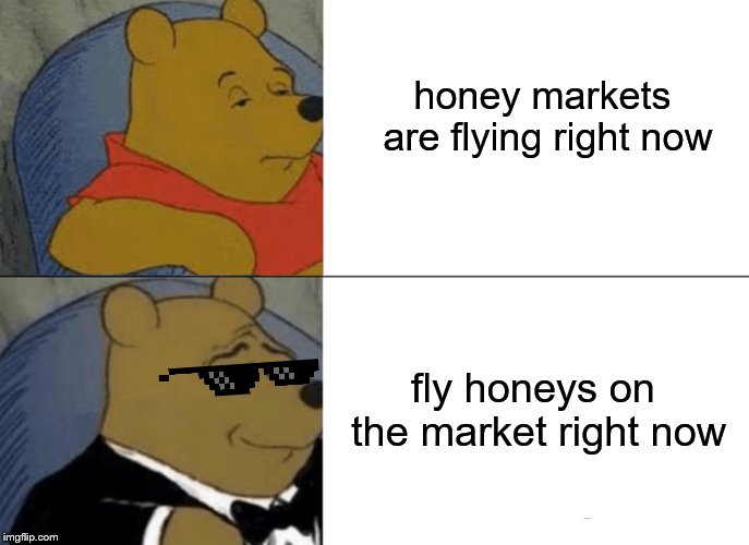 Tuxedo Winnie the Boi |  honey markets are flying right now; fly honeys on the market right now | image tagged in memes,tuxedo winnie the pooh,the ladies man | made w/ Imgflip meme maker