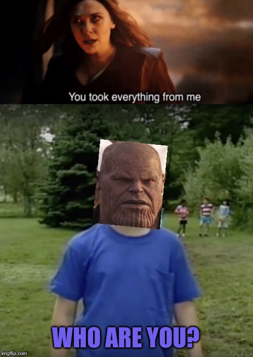 WHO ARE YOU? | image tagged in kazoo kid wait a minute who are you,you took everything from me - i don't even know who you are,avengers endgame,endgame,thanos | made w/ Imgflip meme maker