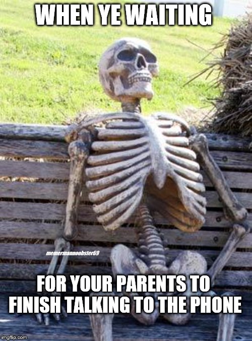 Waiting Skeleton | WHEN YE WAITING; FOR YOUR PARENTS TO FINISH TALKING TO THE PHONE; memermannoobster69 | image tagged in memes,waiting skeleton | made w/ Imgflip meme maker
