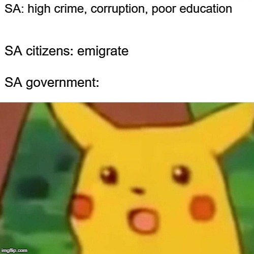 Surprised Pikachu Meme | SA: high crime, corruption, poor education; SA citizens: emigrate; SA government: | image tagged in memes,surprised pikachu | made w/ Imgflip meme maker