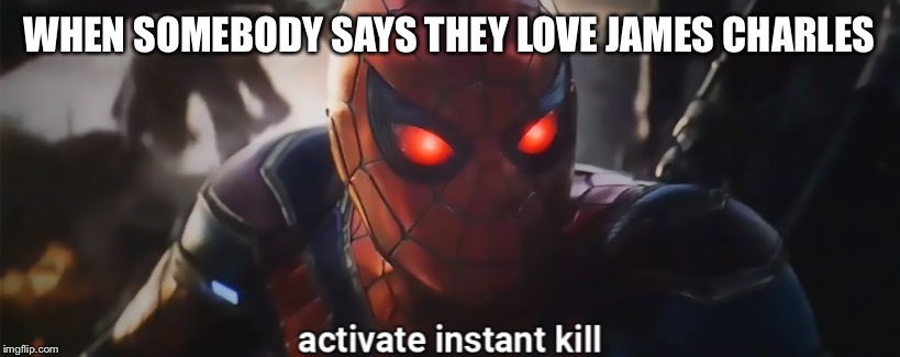When I hear somebody say they love James Charles | WHEN SOMEBODY SAYS THEY LOVE JAMES CHARLES | image tagged in james charles,spiderman,avengers endgame | made w/ Imgflip meme maker