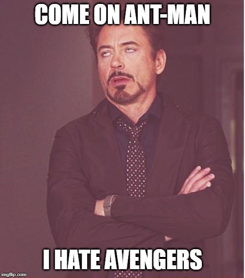 Face You Make Robert Downey Jr Meme | COME ON ANT-MAN; I HATE AVENGERS | image tagged in memes,face you make robert downey jr,avengers,ant-man | made w/ Imgflip meme maker