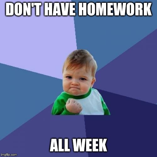 Success Kid Meme | DON'T HAVE HOMEWORK; ALL WEEK | image tagged in memes,success kid | made w/ Imgflip meme maker